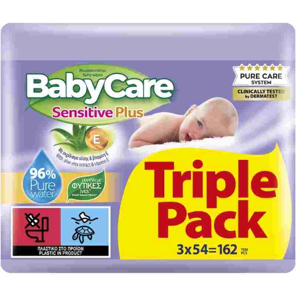 BabyCare Sensitive Plus μωρομάντηλα 3x54 τεμάχια για απαλό καθημερινό καθαρισμό της ευαίσθητης βρεφικής επιδερμίδας